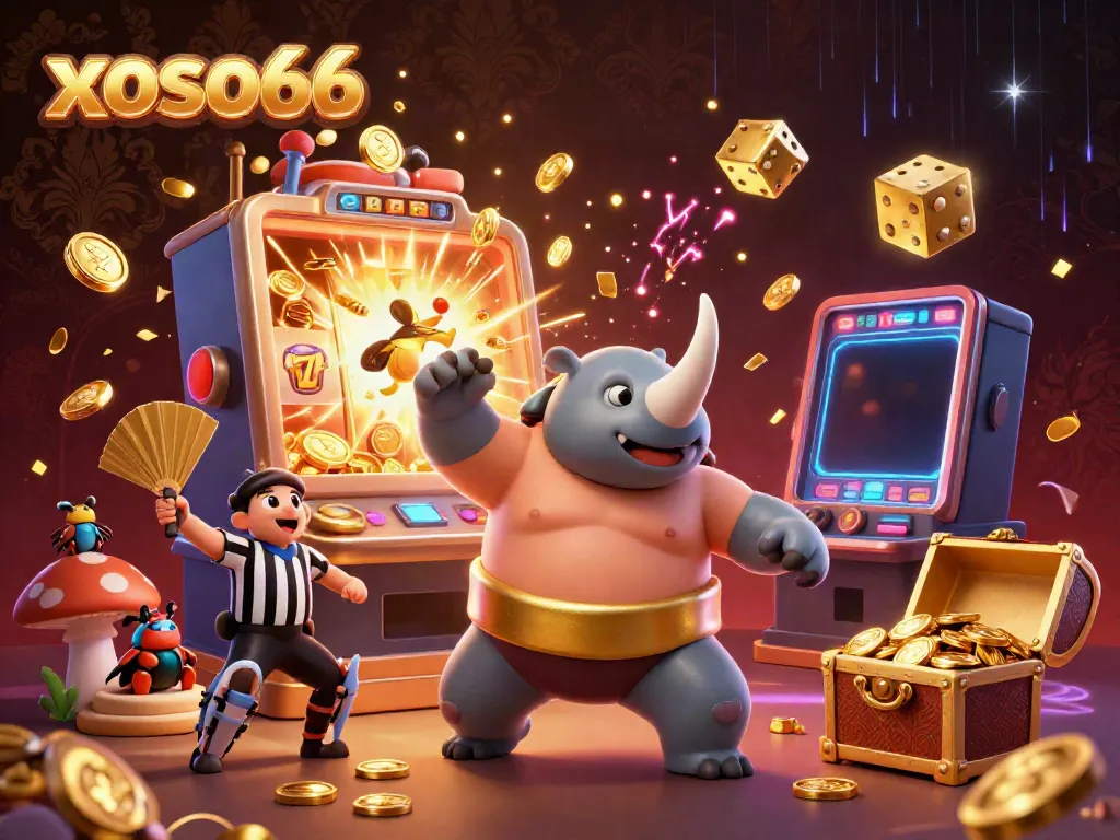 Engage with exciting lottery action at xoso66 featuring a rhinoceros beetle sumo champion, coins flying and jackpot sparks.