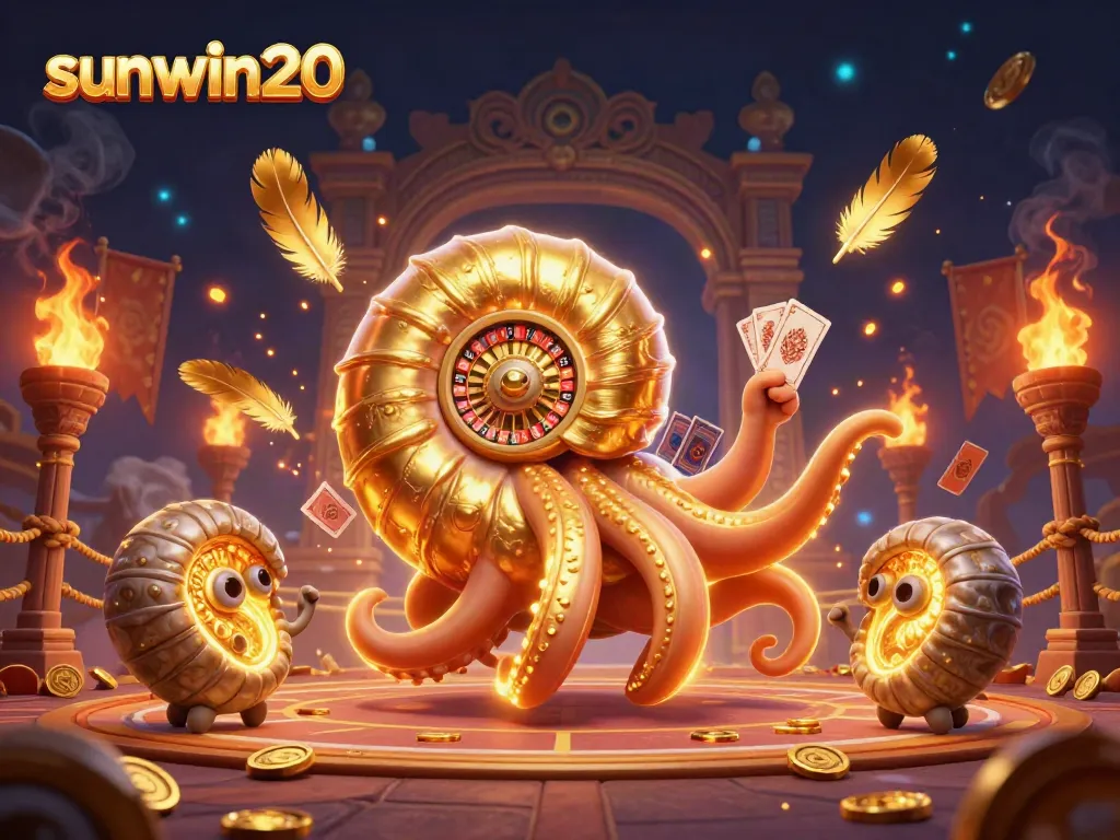 Engage in thrilling gameplay at sunwin20, featuring a giant nautilus roulette wheel and vibrant casino elements.