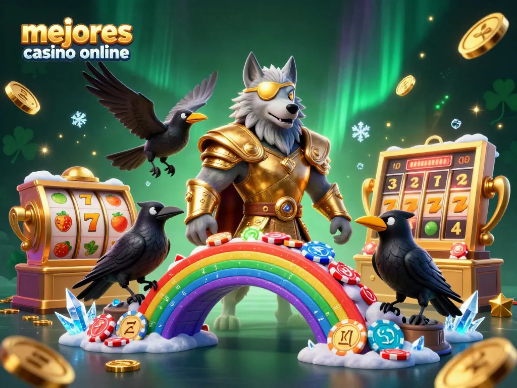 Gana en los mejores casino online con una vibrante ilustración de personajes mitológicos en un puente de fichas de casino.
