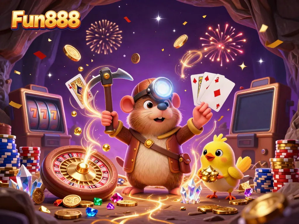 Join Fun888 as the treasure hunter mole and canary find casino riches in this vibrant illustration.