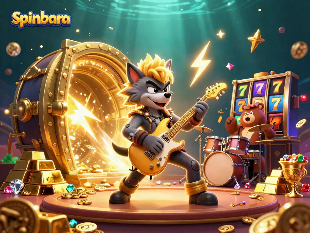 Spinbara casino showcases a vibrant 3D adventure with cartoon wolf and bear amidst slot reels.