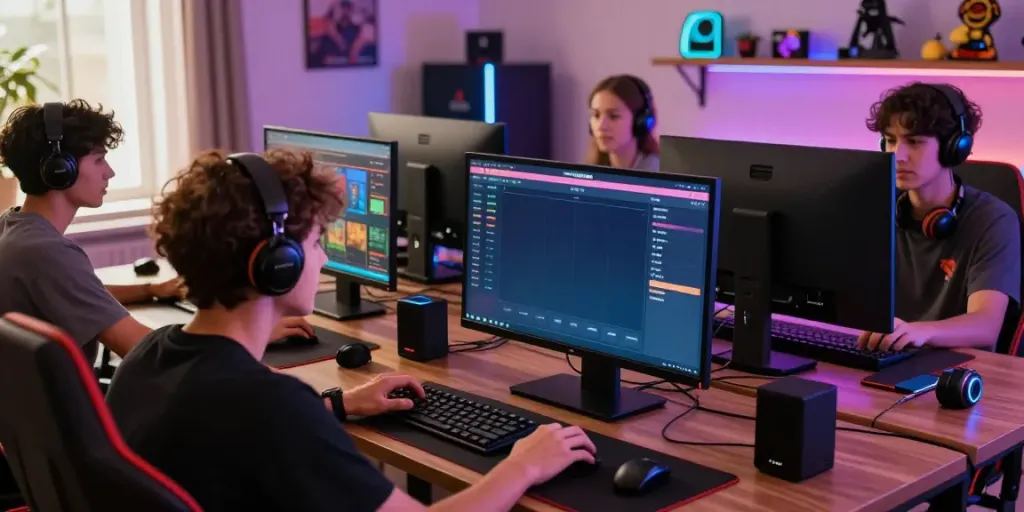 Engaged players navigating the DU88 betting platform from a vibrant gaming setup.
