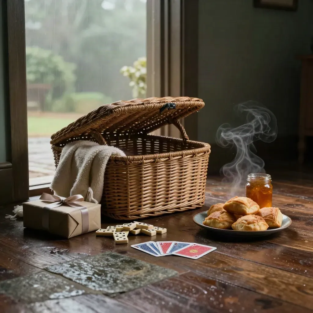 Cesta con juegos, magdalenas y regalo en un salón tras la lluvia, con vapor y luz dramática.
