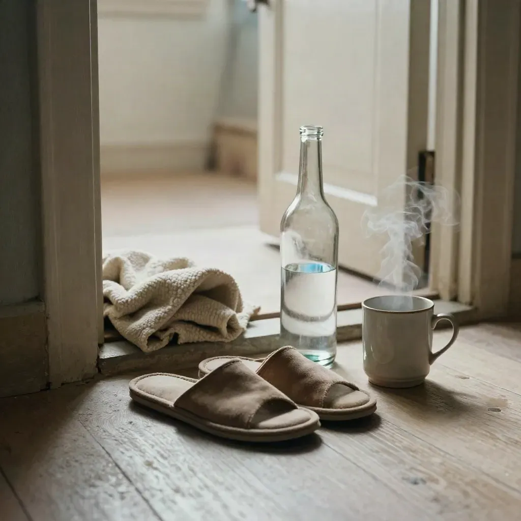 Zapatillas, manta, botella y taza humeante junto a una puerta abierta al amanecer.