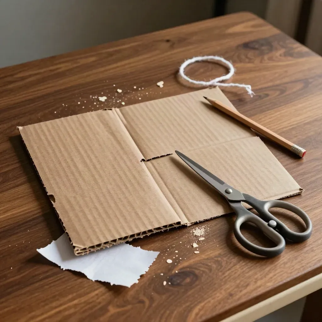 Cartón corrugado cortado, tijeras, lápiz, cuerda y papel sobre una mesa de cocina.
