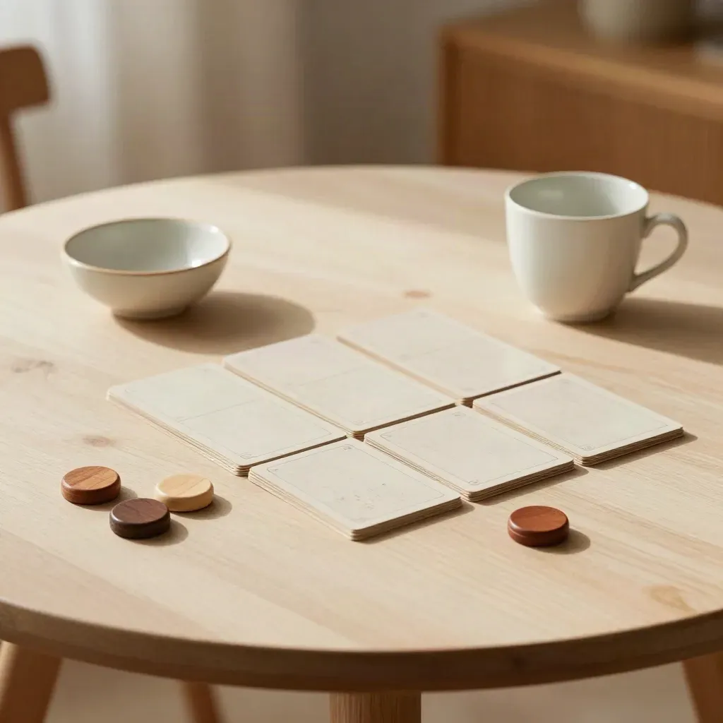 Cartas boca abajo y fichas de madera junto a una taza vacía y un cuenco sobre mesa redonda.