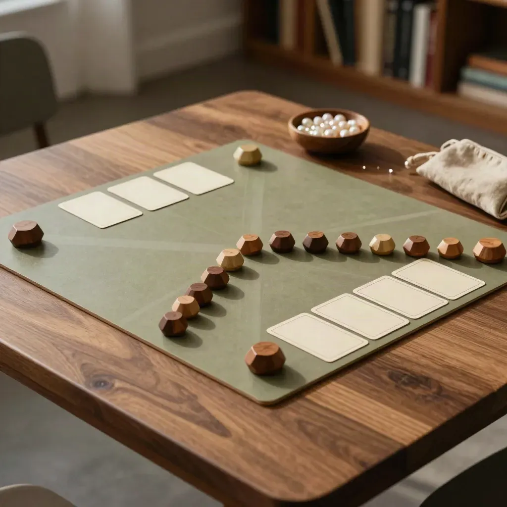 Tablero de juego con fichas de madera, cartas boca abajo y cuenco de caramelos sobre mesa alta.