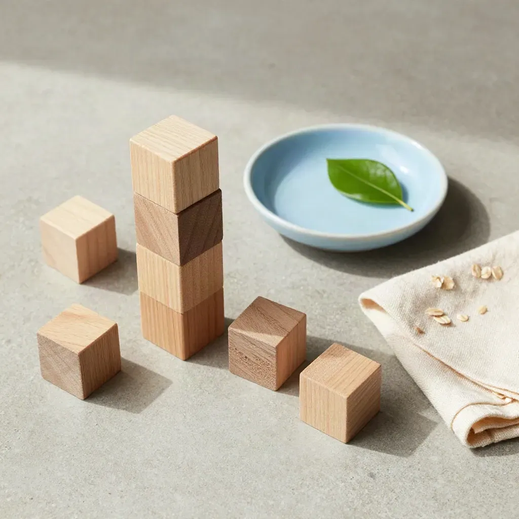 Bloques de madera, plato celeste, hoja y paño sobre concreto, vistos desde arriba.