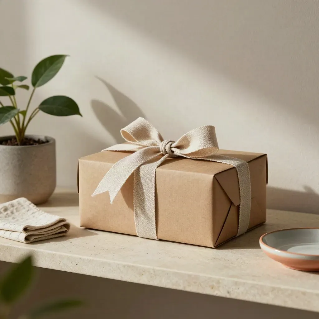 Caja de regalo kraft con lazo de lino, planta fina, paño y plato cerámico sobre piedra