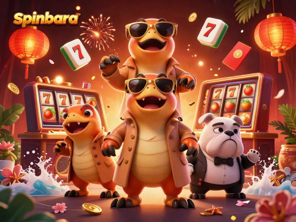 Experience gaming excitement with Spinbara’s vibrant casino scene featuring playful raptors.
